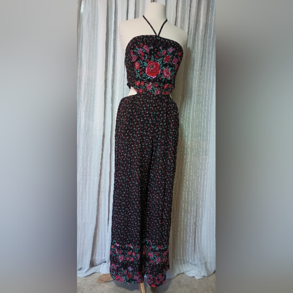 CHELSEA & VIOLET Strapless Peekaboo Jumpsuit Palazzo Legs Black Red Roses Large